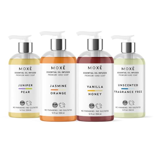 MOX? All Natural Hand Soap 4-Pack ? Jasmine Orange, Vanilla Honey, Juniper Pear & Unscented ? Organic Plant-Based Formula, Essential Oils, Biodegradable, Vegan, Sulfate-Free ? 4 x 12 oz