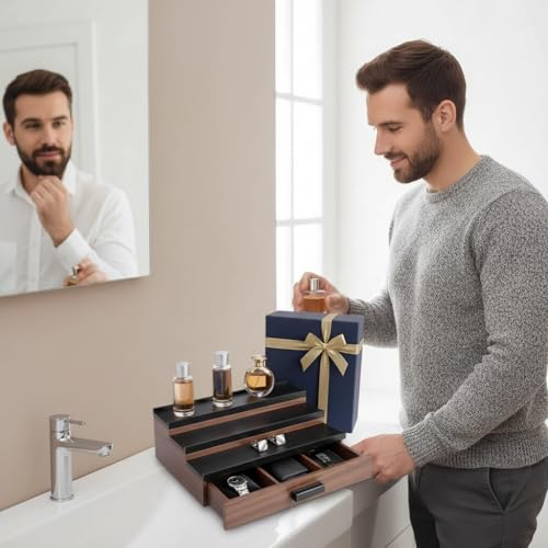 Cologne Organizer for Men ? Black Wood Cologne Stand with Drawer & Storage, 3 Tier Perfume Display Holder for Bedroom, Office, Bathroom ? Ideal Gift for Men, Father, Husband