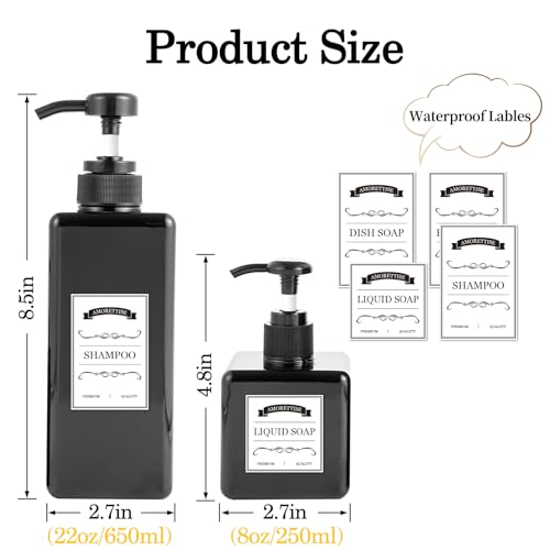 6 Pack Shampoo and Conditioner Dispenser Bottles, 4 Pack 22 Oz & 2 Pack 8 Oz Refillable Square Plastic Pump Bottles for Dispensing Lotions, Shampoo, Conditioner, and Body Wash (Black)