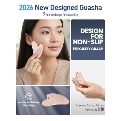 Gua Sha Facial Tools, 3-in-1 Gua Sha & Roller & Comb Set, Upgraded No-Slip Textured Guasha, Metal Lymphatic Drainage Massager for Skin Tightening & Face Sculpting, Skincare Gift for Women (Rose Gold)