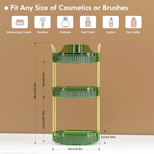 Awenia Rotating Makeup Organizer 360, Stackable Adjustable Large Capacity Cosmetic Storage Unit,Dresser Bathroom Kitchen Countertop Organizer with Metal Handle, Plus Size (Gem Green, 3 Tier)