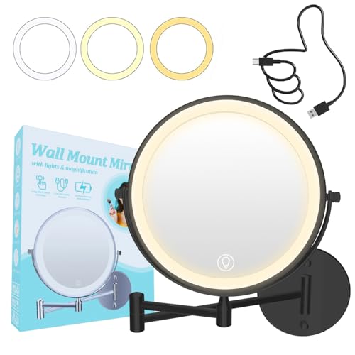 9inch Wall Mounted Makeup Mirror with Lights, 1x/20x 5000mAh Rechargeable Magnifying Mirror with Light, 360¡Æ Rotate Bathroom Mirror with Lights, 3 Color, 80 LEDs, Stepless Dimmable