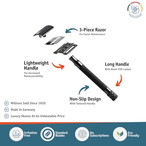 MERKUR 23B Double Edge Safety Razor - Black Long Knurled Brass Handle Made in Germany Plastic-Free Three Piece Design Closed Comb Straight Bar