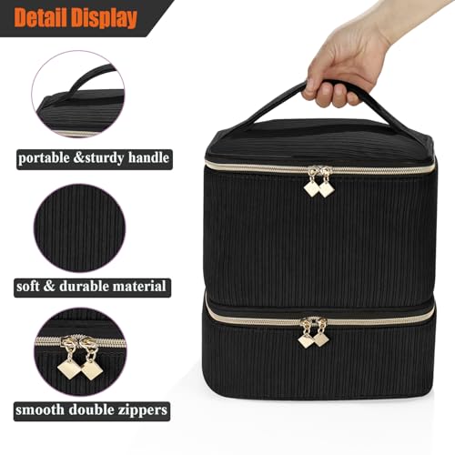 Corduroy Nail Polish Organizer and Nail Lamp Case, Nail Kit Organizer Holds 30 Bottles (15ml - 0.5 fl.oz) and a Nail Lamp, Nail Polish Carrying Case with Manicure Tools Storage Sections (Black)