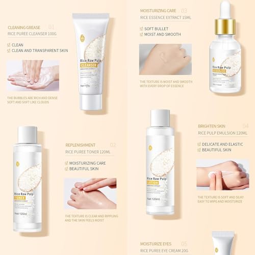 6PCS Rice Skin Care Sets, Moisturizing Face Skin Care Gift Set for Women Girls, Face Care Kit Inclusde Cleanser, Toner, Eyecream, Essence, Emultion, Face Cream (NEW-Rice)