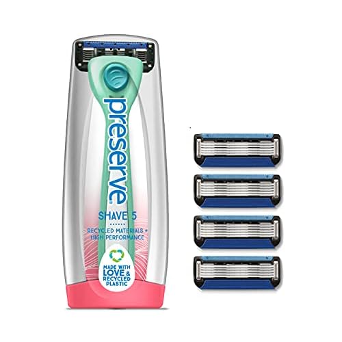 Preserve Shave 5 Five Blade Refillable Razor, Made from Recycled Materials, Neptune Green and Preserve Five Blade Replacement Cartridges for Preserve Shave Five Recycled Razor (4 Count) Bundle