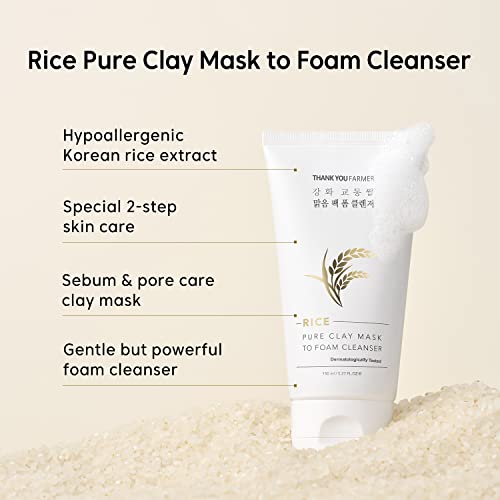 THANKYOU FARMER Rice Pure Clay Mask to Foam Cleanser, 1 Minute Clay Mask to Purify Pores, Foam Cleanse to Remove Excess Oil & Sebum, Deep Cleansing, Korean Skincare, Dermatologist Tested, 5.27 Fl oz