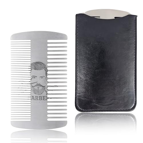Metal Beard Mustache Comb for Men - Anti-Static Dual Action - Credit Card Size Stainless Steel EDC Comb, Lice Wallet Pocket, Fine Cutting Teasing Barber Hair Styling - Silver