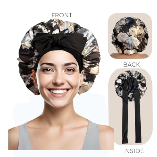 Black Satin Bonnet, Sleeping Cap Night Cap for Women, Double-Layered, Can Be Worn on Both Sides, Hair Protection