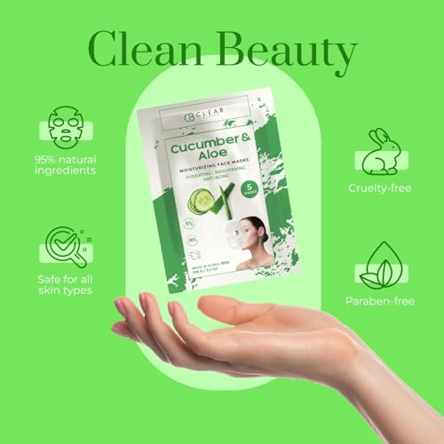Clear Beauty Cucumber & Aloe Moisturizing Face Mask - Dermatologist Tested, Soothes Irritated Skin, Reduces Wrinkles & Fine Lines, Hydrating, Cruelty-Free Korean Skin Care - All Skin Types
