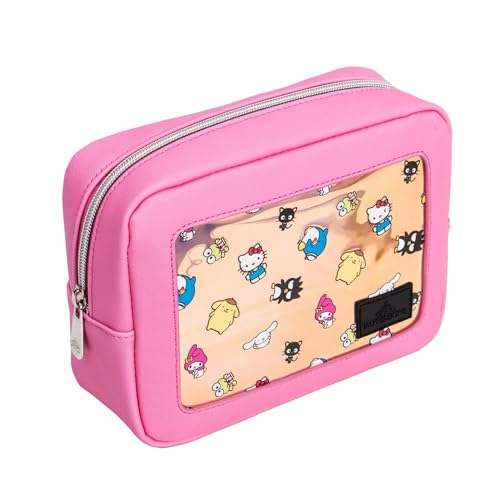 Impressions Vanity Hello Kitty and Friends Core Cosmetic Pouch for Women, Core Print Artwork Travel Makeup Bag Organizer with Inner Pocket, Metal Zipper Opening Faux Leather Handheld Purse (Pink)