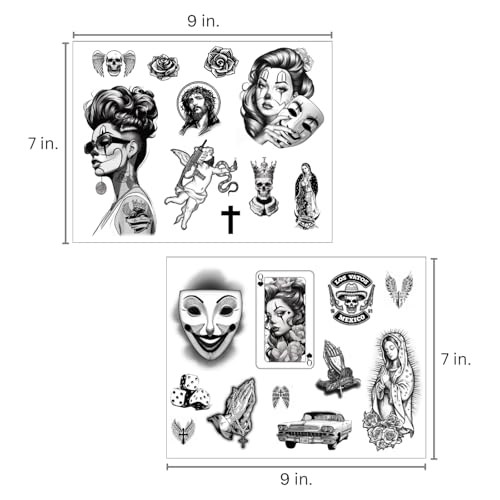 Los Vatos Chicano Vol. II - Cholo Chola Temporary Tattoos For Men Women, Payasa, Lowrider, Virgin Mary, Prayer, Cross, Chicana, Gangster, Fake Tattoo, D?a de Muertos, Tatuajes Temporales