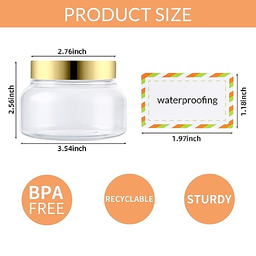 24 Pack 8 Oz Plastic Containers With Lids and Waterproof Label BPA Free - Refillable Transparent Cosmetic Containers for Body Butter,Sugar Scrubs,Cream,Lotions,Candy,Bath Salt (Gold, 8 oz)