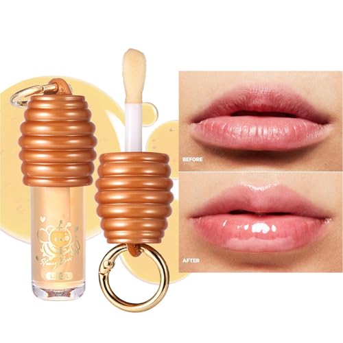 Honey Hydrating Lip Oil,Cute Lip Gloss Keychain,Clear Lip Oil for Women,Lip Gloss Flavoring Oil With Vitamin E Moisturized Shiny Lips for Girls