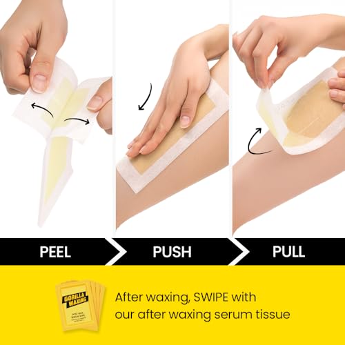 Gorilla Waxing Korean Strip & Go Wax Strips Kit, 28 Multi-Size Sugaring Wax Strips + 4 Calming Serum Wipes, Ready-to-Use Hair Removal for Face & Body, Suitable for Sensitive Skin, Korean Skin Care