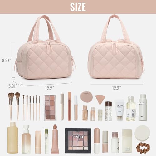Travel Toiletry Bag, Large Quilted Cosmetic Organizer with Water-Resistant PVC & Mesh Pockets, Makeup Bag for Weekend Trip and Business Travel Essentials (Pink)