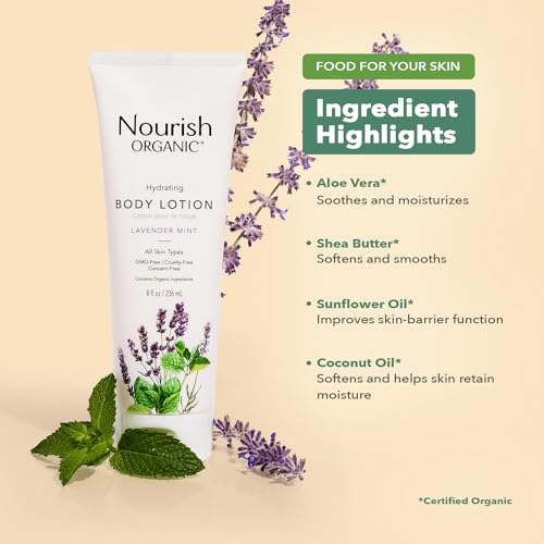 Nourish Organic Body Lotion, Lavender Mint ? Hydrating Body Lotion for Dry Skin with Certified Organic Aloe Vera, Shea Butter, Coconut Oil & Cocoa Butter (8 Oz) + Washable Cotton Round (Pack of 2)