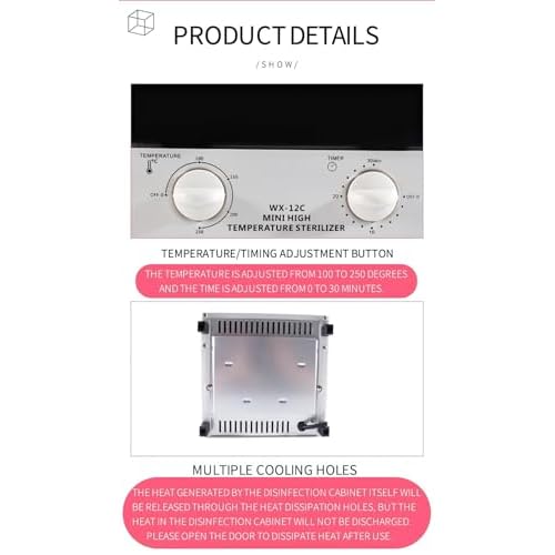Sterilizer for Nail Tools, 12L Multifunctional High Temperature Cleaning Dry Box Stainless Steel with Temp Control, Tweezer Sterilizer, Stainless Trays, Timer, Nail Salon Equipment