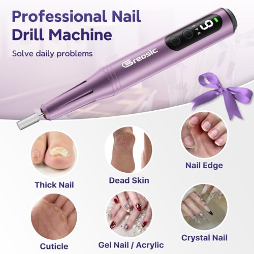 Electric Nail Drill Professional 35000RPM,Rechargeable Electric Nail File Cordless with 9-Speed & LED Display,12-in-1 Portable Manicure Pedicure kit for Acrylic Gel Dip Powder Nails (Purple)