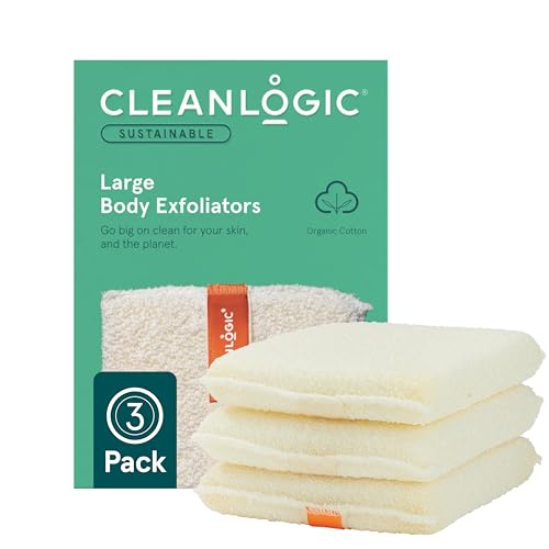 Cleanlogic Organic Cotton Exfoliating Body Scrubber, Reusable Exfoliator Tool for Smooth Skin, Daily Skincare Routine, Natural, 3 Ct Value Pack