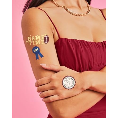 xo, Fetti Football Temporary Tattoos - 64 Gold Foil Styles | Game Day Birthday Decorations, Tailgate Supplies, School Sports Party Favor, Kids Party Favor, College