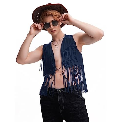 WDIRARA Men's Open Front Sleeveless Fringe Hem Party Club Jacket Vest Outerwear