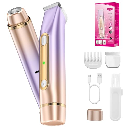 2 in 1 Bikini Trimmer for Women Dual Head Electric Razor IPX7 Waterproof Wet/Dry Use Women Electric Shaver, Body Facial Hair Remover for Bikini Legs Arm Underarm, Rechargeable