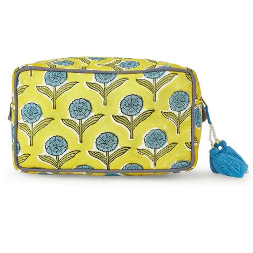 Travel Makeup Bag- Large Capacity Cosmetic Bags for Women - Water Resistance Lining Portable Pouch & Open Toiletry Bag - Perfect Girls Makeup Organizer for Travel Essentials (Blue & Yellow Floral)