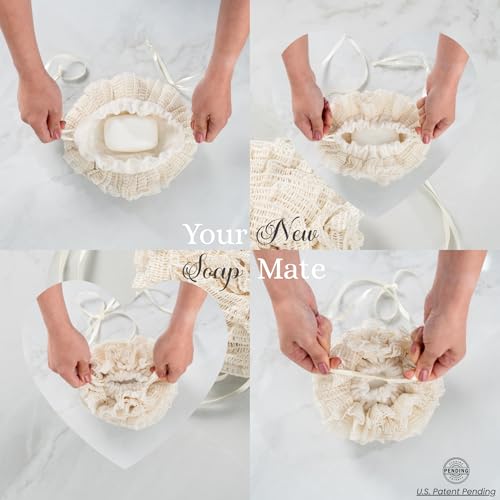 Bamboo Washcloth & Ramie Loofah ? Dual?Sided Body Scrubber for Bath & Shower ? Patent Pending - Gentle Exfoliation, Sensitive Skin Spa Tool ? Large Loofah with Bar Soap Pouch, Cotton Wash Bag, 2 Pack