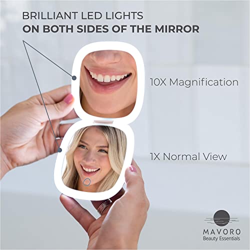 Mavoro LED Lighted Travel Makeup Mirror | 1x/10x Magnification | Rechargeable USB-C | Pocket & Purse Portable Lighted Travel Makeup Compact Mirror, Touch Sensor (Heavenly Pink)