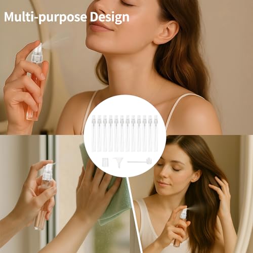 Lnrueg 50 Pcs Mini Spray Bottles, 0.3 oz/10 ml Refillable Glass Perfume Bottles, Portable Travel Sample Containers with Caps, Fine Mist Atomizers with 2 Funnels and 2 Dispensers, Transparent