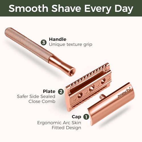 ZOMCHI Safety Razor for Men&Women with 5 Double Edge Safety Razor Blades, Double Edge Razor, Reusable Razor, Plastic Free ? Rose Gold
