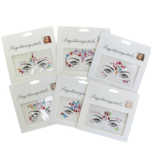 6-Pack Diamond Acrylic Face Stickers for Kids ? Colorful Festival Face Gems for Halloween, Cosplay, and Parties ? Reusable Crystal Face Jewels
