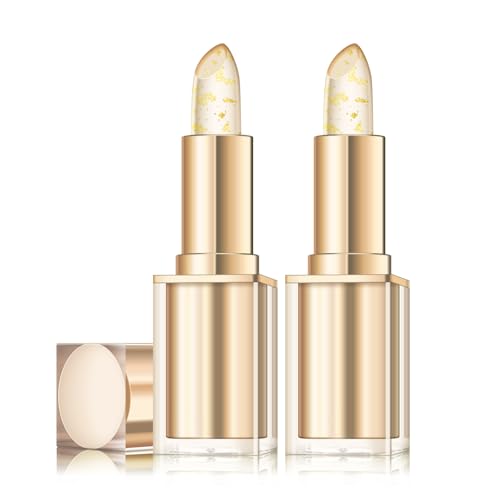 Transferproof Color Changing Lipstick, Gold Crystal Ph Color Changing Lipstick, Long Lasting Moisturizing Gold Foil Glossy Shine Lip Gloss-2PCS