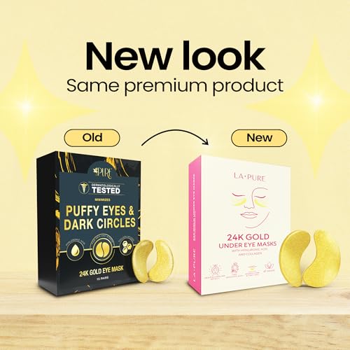 LA PURE 24k Gold Under Eye Mask for Dark Circles and Puffiness, Revitalizing & Non-Irritating Anti Aging Eye Patches with Hyaluronic Acid & Collagen - Dermatologically Tested - 15 Pairs Eye Gel Pads