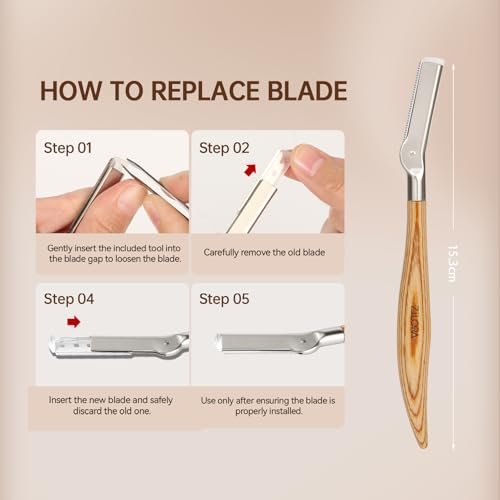 Wooden Eyebrow Razor - 8 Replacement Blades & Leather Pouch - Precision Eyebrow Trimmer & Dermaplaning Tool for Face Peach Fuzz, Lip Hair - Safety Mesh Guard