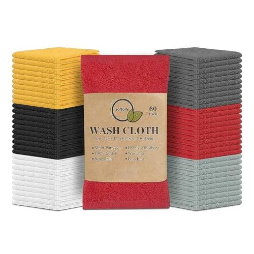 Softolle 100% Cotton Ring Spun Wash Cloths ? Bulk Pack of Washcloths ? 12x12 Inches ? Wash Cloth for Face, Highly Absorbent, Soft and Face Towels (Assorted, 60 Pack)