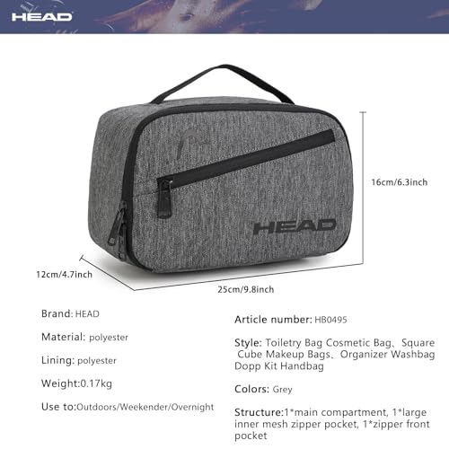 HEAD Waterproof Toiletry Bag for Men, Lightweight Dopp Kit Travel Bag for Toiletries, Travel Toiletry Organizer Shaving Bag Handbag for Outdoors/Weekender/Overnight, Gray