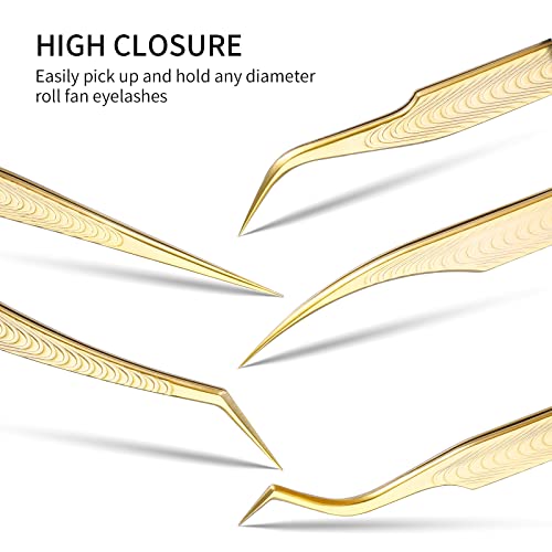 5 PCS Lash Extension Tweezers Set, Stainless Steel Professional Eyelash Extension Tweezers for Volume, Isolation and Classic Lashes