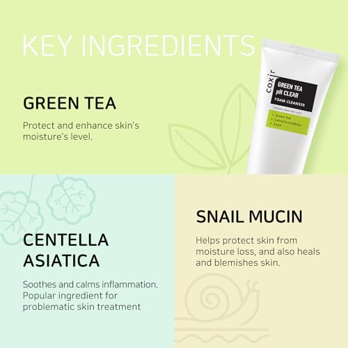 coxir GREENTEA PH CLEAR FOAM CLEANSER 1.01 fl.oz l Low pH Formula Facial Washes with Gentle Exfoliating l deep cleanses pores and remove dead skin cells on skin, Korean skincare