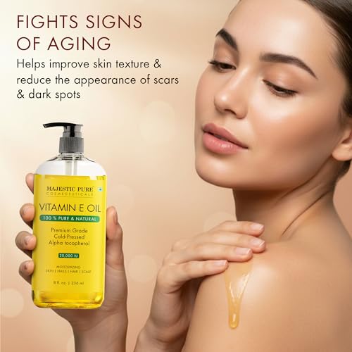 Majestic Pure Vitamin E Oil 8 Oz Vitamin E oil for Skin, Face Oil, Hair Oil and Body Oil- 100% Pure and Natural, 20,000 IU- Cold Pressed Hexane Free Non-GMO Gluten Free Formula (Pack of 2)