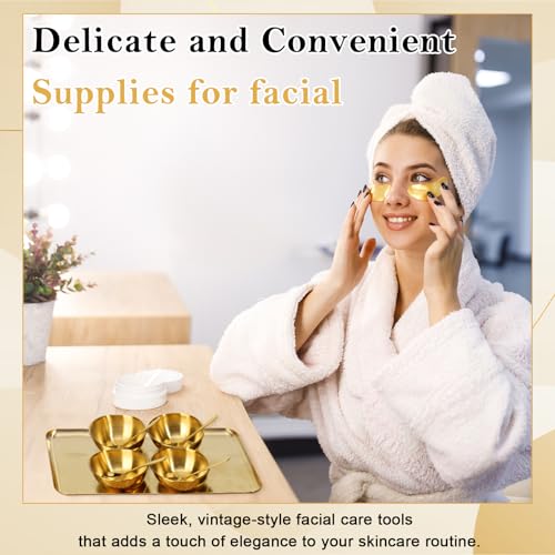 9 Pcs Gold Facial Supplies Large Gold Skincare Tray 4 Stainless Steel Facial Mask Mixing Bowls 4 Esthetician Mixing Spoons Spa Tray Esthetician Bowls for Mask Body Care Bathroom