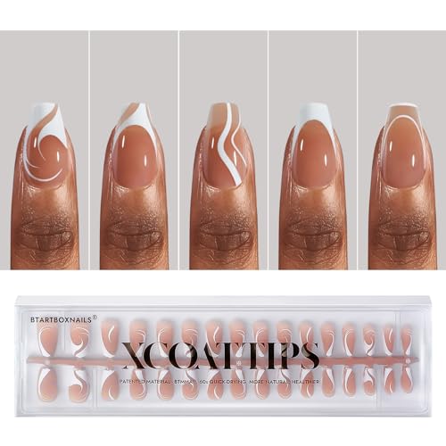 BTArtbox Short Coffin Pre-Designed French Nail Tips and Short Square White French Press on Toenails, Brown