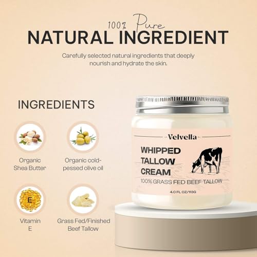 Beef Tallow for Skin - 100% Organic Grass-Fed Tallow Whipped Moisturizer | Unscented, Face + Body, 4 FL. oz Natural Nourishment