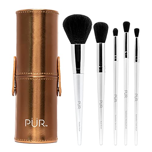 P?R MINERALS x CARE 5-Piece Makeup Brush Set with Holder Case - Professional Quality Makeup Brushes Includes Blush, Powder, Eyeshadow Base, Eyeshadow Blending, and Eyeshadow Crease Brushes