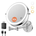 FUNTOUCH 30X/1X Wall Mounted Lighted Makeup Mirror, 5000mAh Rechargeable 9" Double Sided Magnifying Bathroom Mirror, 3 Color Modes Touch Dimmable Extended Arm 360 Rotation with Adapter,Chrome