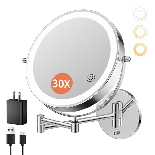 FUNTOUCH 30X/1X Wall Mounted Lighted Makeup Mirror, 5000mAh Rechargeable 9" Double Sided Magnifying Bathroom Mirror, 3 Color Modes Touch Dimmable Extended Arm 360 Rotation with Adapter,Chrome