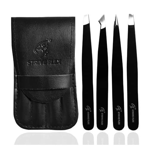 4Pcs tweezers for Women with Travel Case, Tweezers for Eyebrows - Great Precision Splinter Tweezers and Ingrown Hair Removal Professional Stainless Steel (Black)