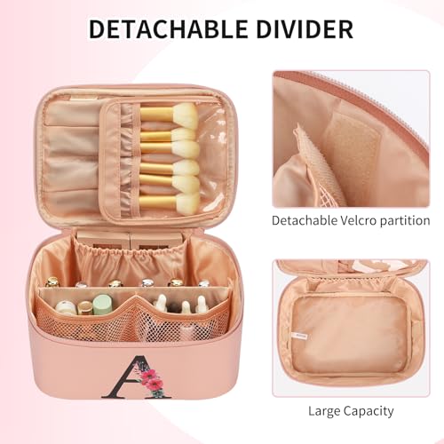 OCHEAL Initial Makeup Bag,Monogram Make up Bag Pink Travel Makeup Organizer Case Beauty Toiletry Cosmetic Bag with Brush Holder, Trendy Stuff Personalized Gifts for Women and Girls-A