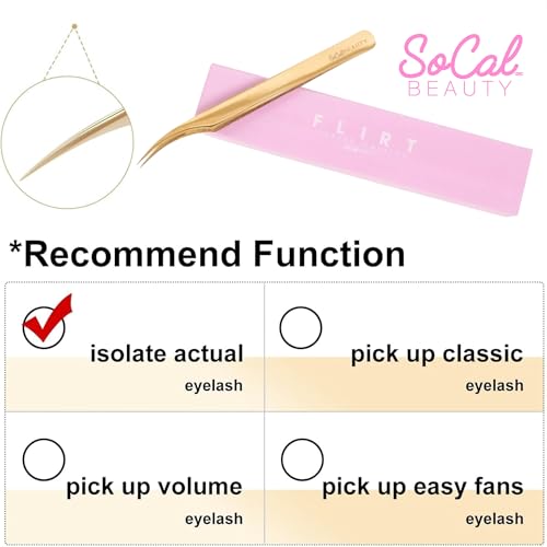 Flirt Curved Isolation Lash Tweezer by SoCal Beauty | Gold Professional Eyelash Tweezer for Eyelash Extensions, Hand-Tested with MM Guide ? Lash Artist¡¯s Favorite Precision Eyelash Applicator